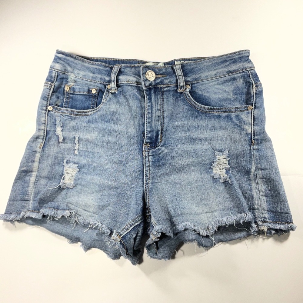 Indigo Rein Distressed Denim Shorts Size 9 Medium Wash Frayed Hem High Rise